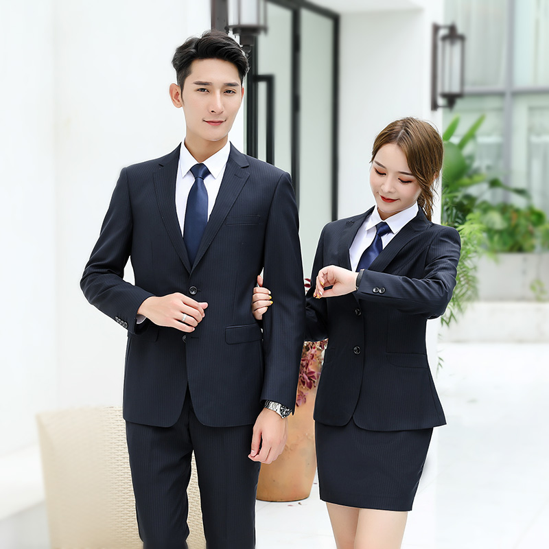 高档羊毛料条纹男女同款西服套装现货_职员商务西装工作服定制