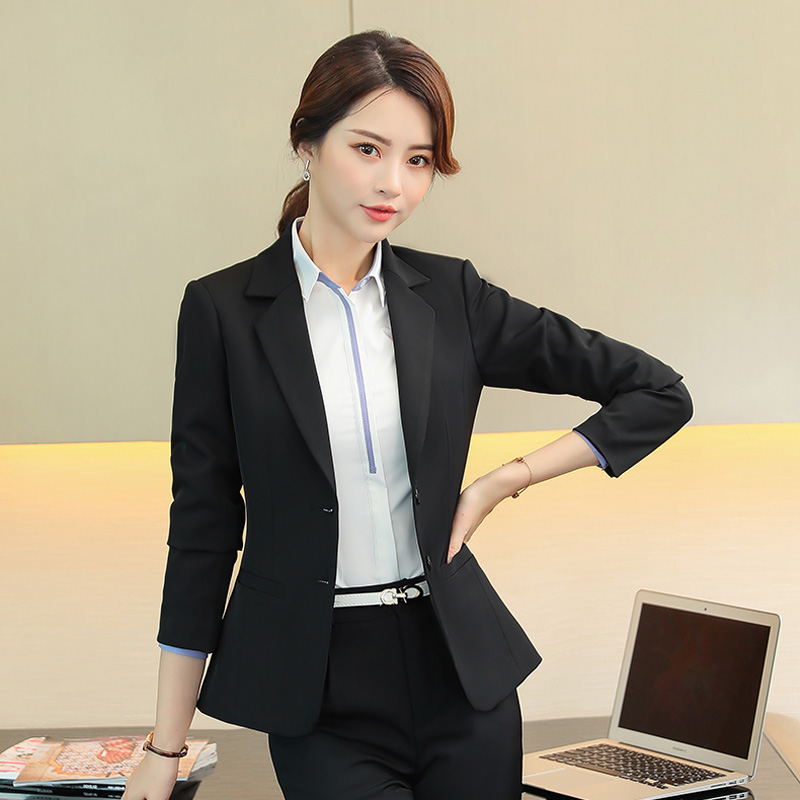 女款黑色两粒扣西服套装现货_女行政西装工作服定制