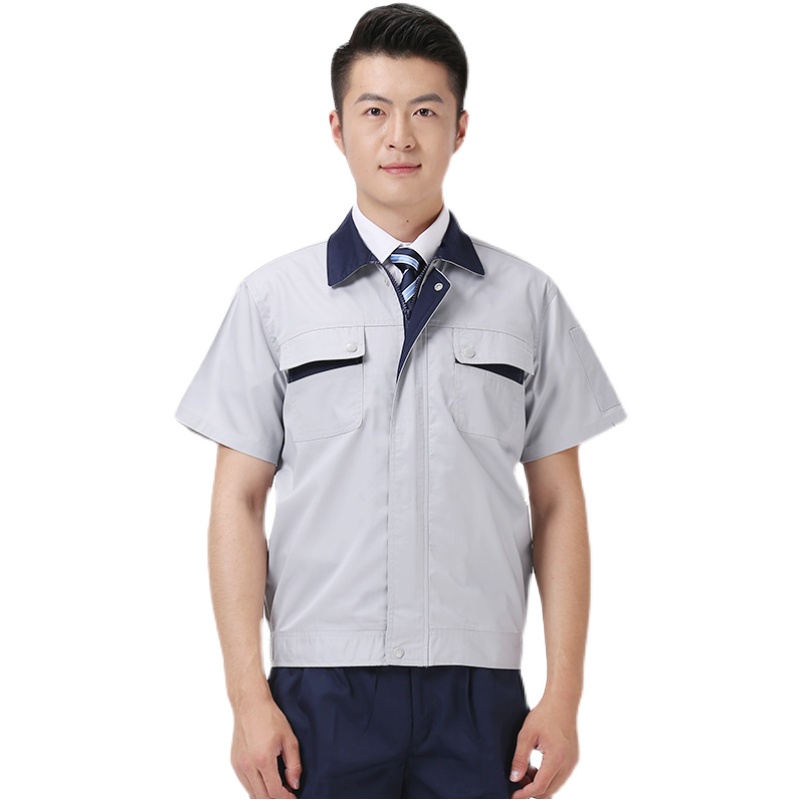 细斜纹夏季短袖工作服套装_车间工厂夏装短袖工服定制