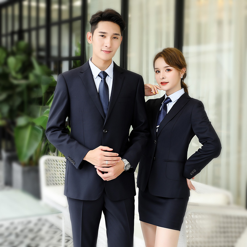 藏青色高端商务70羊毛西服套装_公司单位男女款行政西装定制